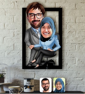 BK Gift Kişiye Özel Tesettürlü Sevgililer Karikatürlü 3D Ahşap Tablo-59