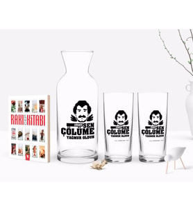 BK Gift Kişiye Özel Renkli Baskılı Çünkü Sen Çölüme Yağmur Oldun Tasarımlı İkili Rakı Bardağı Karaf ve Cep Kitabı Hediye Seti-6 (Model 1)