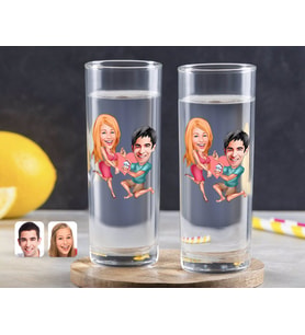 BK Gift Kişiye Özel Renkli Baskılı Sevgililer Karikatürlü İkili Vodka Bardağı-19 (Beyaz)