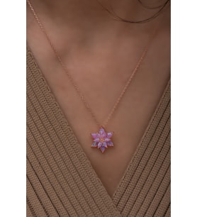 Pembe Opal Taşlı 925 Ayar Gümüş Lotus Kolye