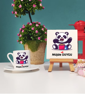 Sevimli Panda Tasarımlı Kişiye Özel Panda Türk Kahvesi Fincanı ve Dekoratif Taş Baskı Seti