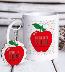 BK Gift Kişiye Özel Dünyanın En İyi Öğretmeni Beyaz Kupa ve Anahtarlık Hediye Seti-11 (Model 1)