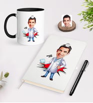 BK Gift Kişiye Özel Bay Diş Hekimi Karikatürlü Beyaz Defter Kalem Siyah Kupa Seti - 3 (Model 1)