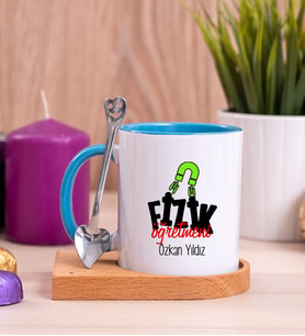 Fizik Öğretmeni Ahşap Altlıklı Mavi Kupa Bardak