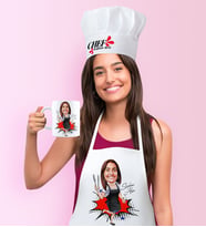 BK Gift Kişiye Özel Chef Anne Karikatürlü Mutfak Önlüğü Aşçı Şapkası ve Kupa Seti - 1 (Beyaz)