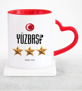 BK Gift Kişiye Özel Mesleki Yüzbaşı Kırmızı Kalpli Kupa Bardak