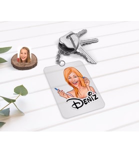 BK Gift Kişiye Özel Kadın Karikatürlü Şeffaf Pleksi Anahtarlık-21 (Beyaz)