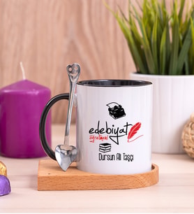 Edebiyat Öğretmeni Ahşap Altlıklı Siyah Kupa Bardak