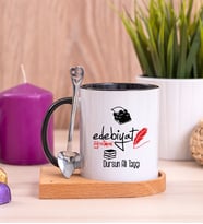 Edebiyat Öğretmeni Ahşap Altlıklı Siyah Kupa Bardak