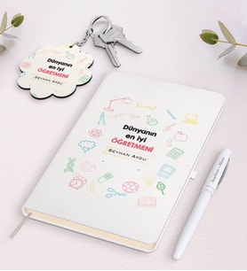 BK Gift Kişiye Özel Dünyanın En İyi Öğretmeni Beyaz Defter Kalem Ve Anahtarlık Hediye Seti-14 (Model 1)
