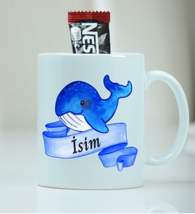 İsme Özel Balina Desenli Kupa Bardak - Nescafe Hediyeli (Mavi)