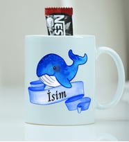 İsme Özel Balina Desenli Kupa Bardak - Nescafe Hediyeli (Mavi)