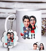 BK Gift Kişiye Özel Sevgililer Karikatürlü Beyaz Kupa ve Anahtarlık Hediye Seti-1 (Model 1)