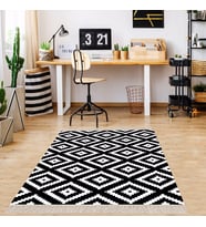 Geometrik Baklava Dilimi Karo Desenli Dijital Baskı Yıkanabilir Kaymaz Taban Modern Salon Halısı (Siyah)
