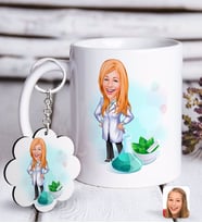 BK Gift Kişiye Özel Bayan Eczacı Karikatürlü Beyaz Kupa ve Anahtarlık Hediye Seti-1 (Model 1)