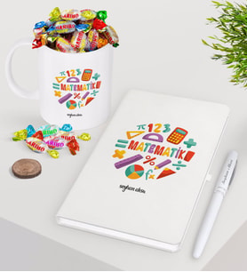 BK Gift Kişiye Özel Matematik Öğretmeni Beyaz Defter Kalem Şekerli Kupa Seti-13 (Model 1)