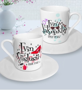 BK Gift Kişiye Özel İkili Evin Süslüsü Yakışıklısı Türk Kahvesi Fincanı Seti - 2 (Beyaz)
