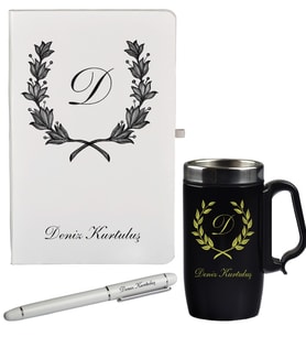Kişiye Özel Olarak Hazırlanmış Hediye Defter Kalem Ve Siyah Termos Mug Seti