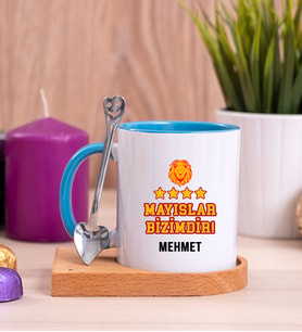 Mayıslar Bizimdir Taraftar Ahşap Altlıklı Mavi Kupa Bardak