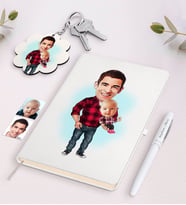 BK Gift Kişiye Özel Baba Oğul Karikatürlü Beyaz Defter Kalem ve Anahtarlık Hediye Seti-3 (Model 1)
