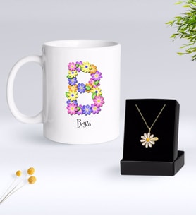 BK Gift Kişiye Özel Çiçek Temalı Harf Kupa ve Papatya Kolye Hediye Seti-2 (Model 1)