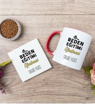 Beden Eğitimi Öğretmeni Kırmızı Kupa Bardak Ve Bardak Altlığı Seti