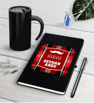 BK Gift Kişiye Özel Dünyanın En İyi Babası Siyah Defter Kalem Termos Mug Seti-4 (Model 1)