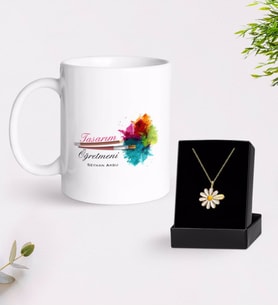 BK Gift Kişiye Özel Tasarım Öğretmeni Beyaz Kupa ve Papatya Kolye Hediye Seti-2 (Model 1)