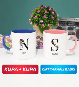İkili Kişiye Özel Baş Harf ve İsim Yazılı Kupa Bardak Lacivert Pembe