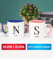 İkili Kişiye Özel Baş Harf ve İsim Yazılı Kupa Bardak Lacivert Pembe