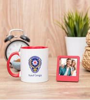 Polis Amblemli Kırmızı Kupa Bardak ve Kırmızı Mini Fotoğraf Çerçevesi