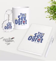 BK Gift Kişiye Özel Yaşa Sev Öğret Kupa Anahtarlık Beyaz Defter Kalem Hediye Seti-2 (Model 1)