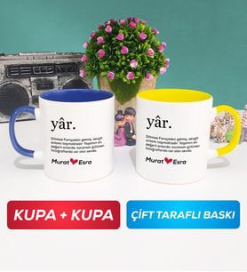İkili Yâr Sevgililer Günü Hediyesi Kupa Bardak Lacivert Sarı
