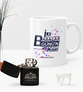 BK Gift Kişiye Özel İlk Babalar Günün Kutlu Olsun Benzinli Çakmak ve Kupa Seti-2 (Model 1)