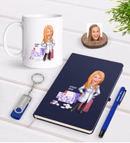 BK Gift Kişiye Özel Kadın Eczacı Karikatürlü Lacivert Defter Kalem Kupa 32gb USB Bellek Hediye Seti-3 (Model 1)