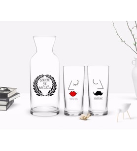 BK Gift Kişiye Özel Renkli Baskılı Picasso Figürlü İkili Rakı Bardağı ve Karaf Hediye Seti-1 (Model 1)