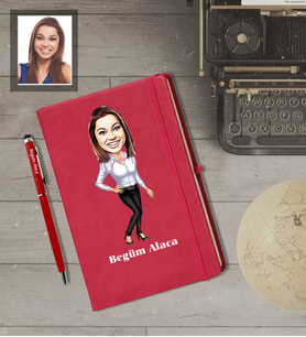 Kişiye Özel Öğretmen Karikatürlü  Kırmızı Defter Kalem Hediye Seti Bayan-10