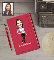 Kişiye Özel Öğretmen Karikatürlü  Kırmızı Defter Kalem Hediye Seti Bayan-10