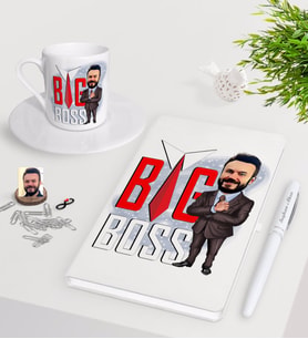 BK Gift Kişiye Özel Erkek Big Boss Karikatürlü Beyaz Defter Kalem Türk Kahvesi Fincanı Seti-4 (Model 1)