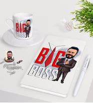 BK Gift Kişiye Özel Erkek Big Boss Karikatürlü Beyaz Defter Kalem Türk Kahvesi Fincanı Seti-4 (Model 1)