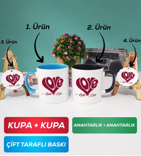 İkili Mavi Siyah Love Tasarımlı Sevgililer Günü Hediyesi Kupa Bardak Anahtarlık