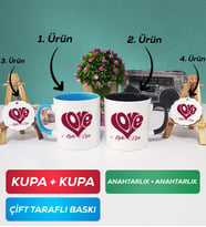 İkili Mavi Siyah Love Tasarımlı Sevgililer Günü Hediyesi Kupa Bardak Anahtarlık