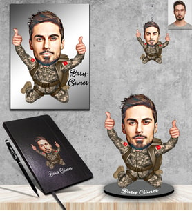 Kişiye Özel Asker Karikatürlü 5 li Hediye Seti Bay-2