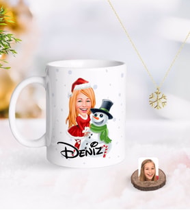 BK Gift Kişiye Özel Kadın Yeni Yıl Karikatürlü Kupa ve Kar Tanesi Kolye-2 (Model 1)