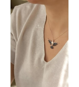 Siyah Taşlı Kuş Kolye -Rose
