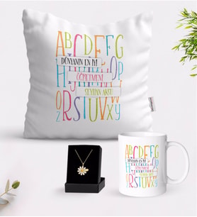 BK Gift Kişiye Özel Dünyanın En İyi Öğretmeni Beyaz Kupa Yastık ve İsimli Papatya Kolye Hediye Seti-6 (Model 1)