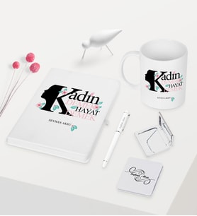 BK Gift Kişiye Özel Kadınlar Günü Temalı Beyaz Defter Kalem Kupa Ayna Seti - 3