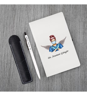 Kişiye Özel Doktor Seti Beyaz Defter Metal & Beyaz Tükenmez Kalem