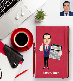 Kişiye Özel Bankacı Karikatürlü Kırmızı Defter Kalem Hediye Seti Bay-1
