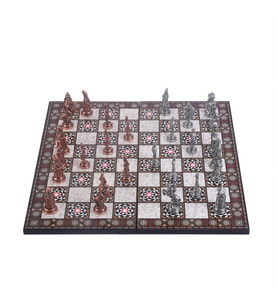 Büyük Boy Metal Osmanlı Bizans Satranç Takımı Antik ve Katlanır Sedef Desenli MDF Ahşap Satranç Tahta (43x43 cm.) (Çok Renkli)